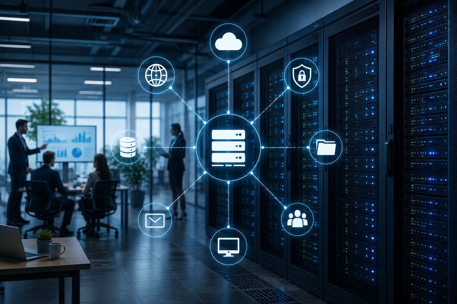Digitale Symbole vor einem Serverschrank