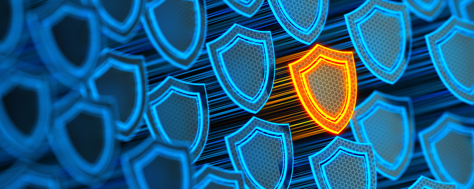 Mehrere kleine Firewall-Schilder, von denen eines orange leuchtet