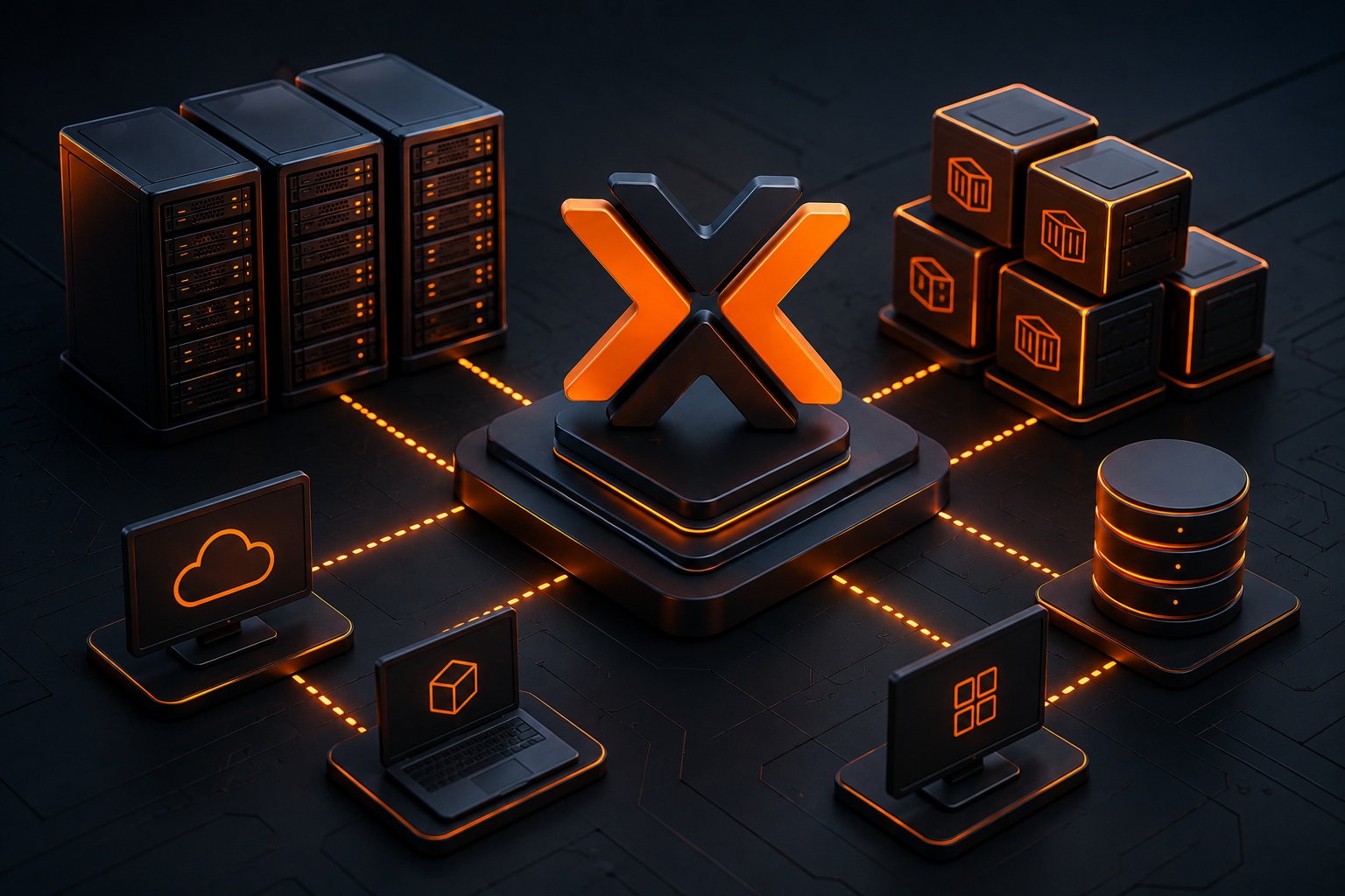 Proxmox Logo in schwarzem Serverraum