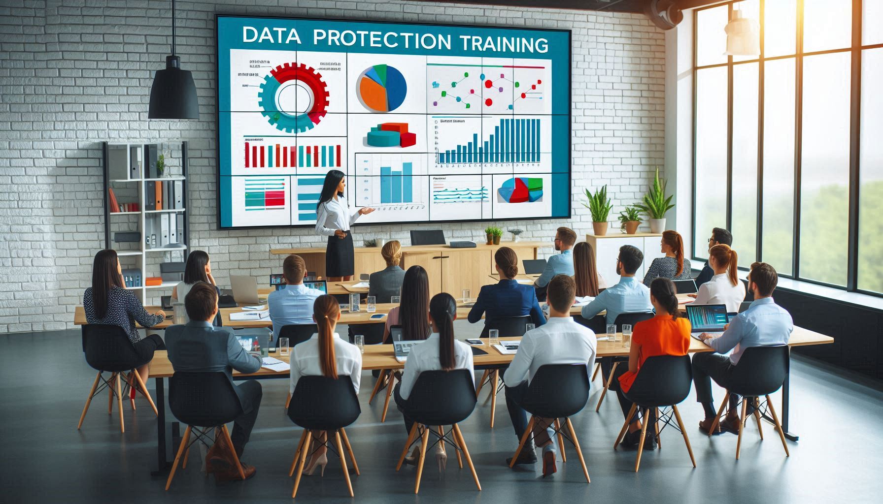 Mitarbeitende sitzen in einem Schulungsraum vor einem Monitor mit Datenschutz Kennzahlen