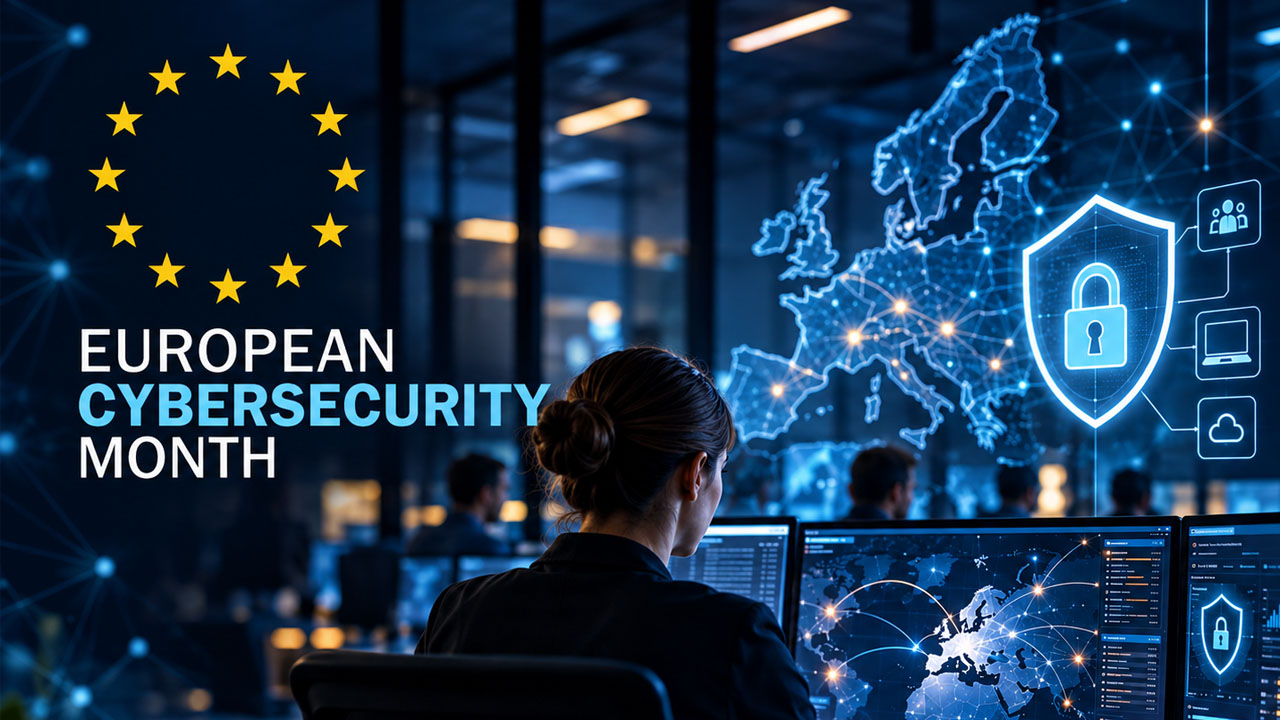 Eine Frau sitzt vor einer digitalen Europakarte, daneben die Überschrift European Cybersecurity Month