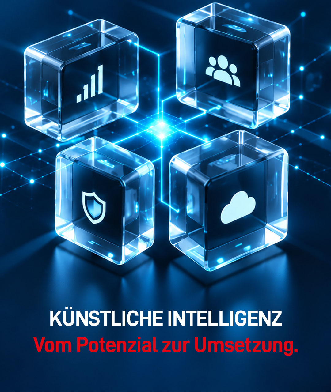 KI-Symbole vor blauem Hintergrund mit der Aufschrift "Künstliche Intelligenz: Vom Potenzial zur Umsetzung"