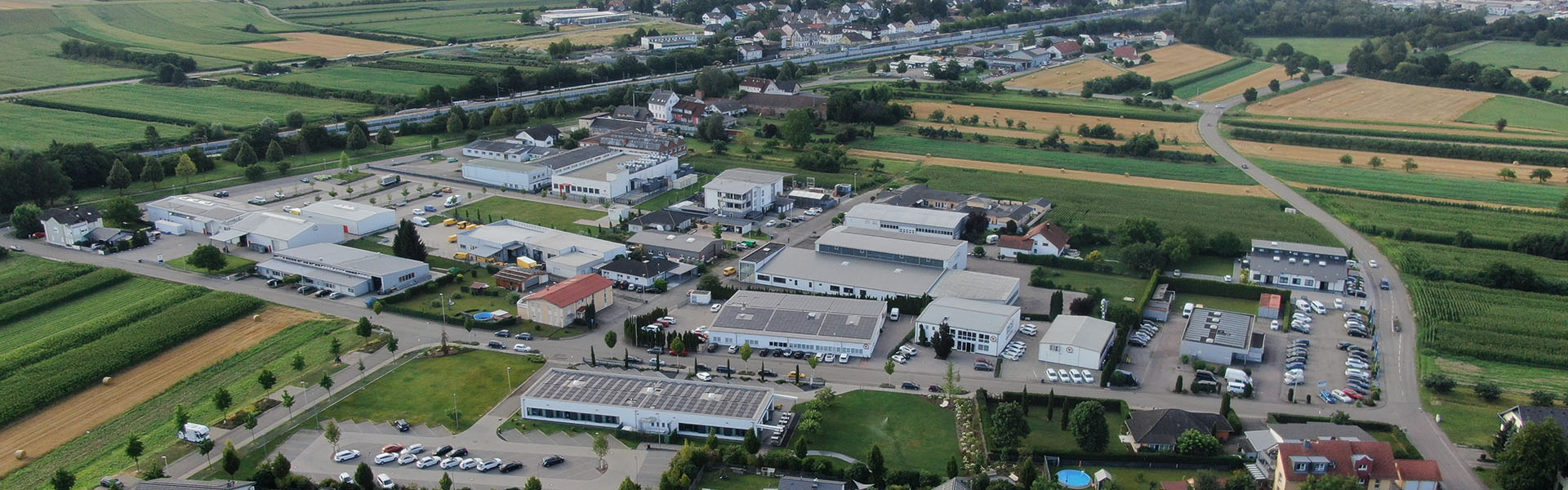 Drohnenaufnahme des Q-FOX® Campus in Appenweier