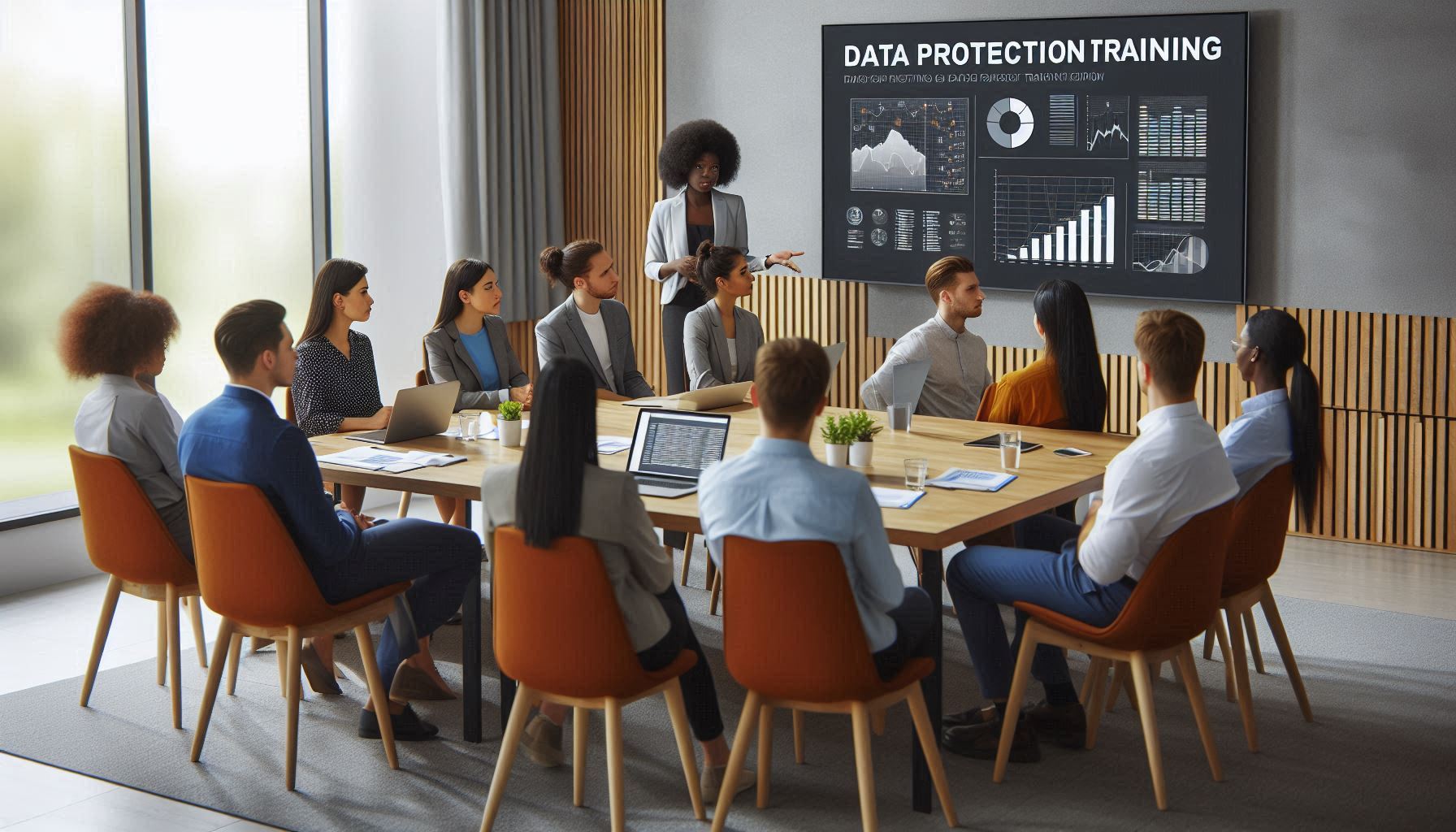 Mitarbeitende sitzen an einem runden Konferenztisch und absolvieren eine Datenschutz Schulung