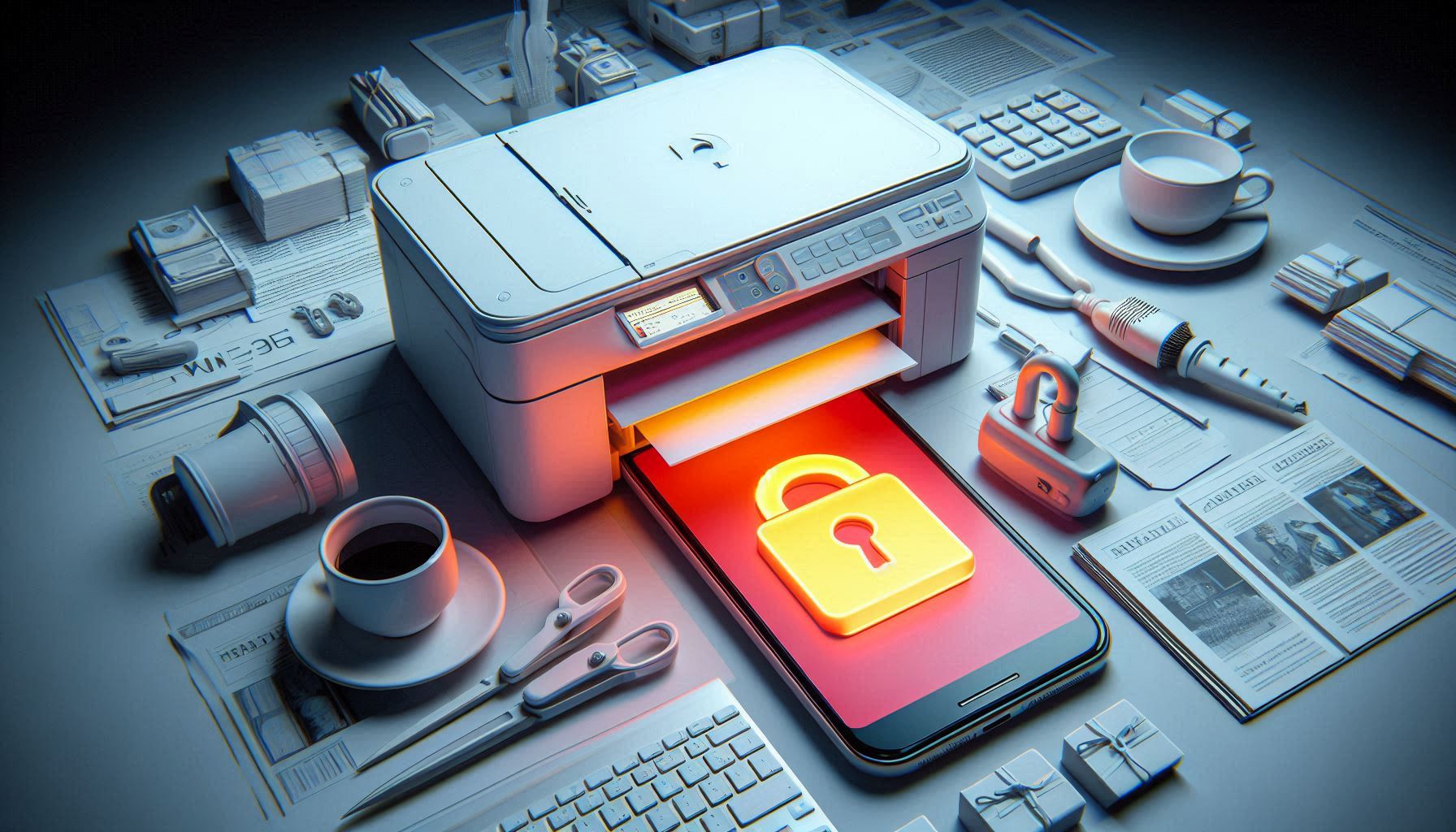 Sicheres Drucken Smartphone mit Sicherheitsschloss auf einem Schreibtisch