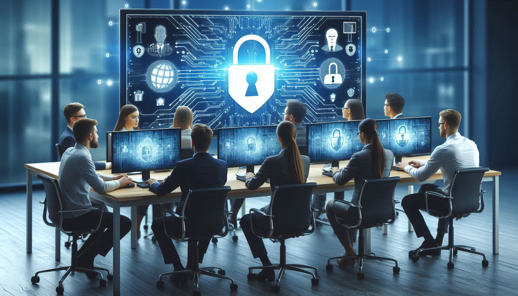 Cybersecurity Training in einem Unternehmen mit Menschen, die am Computer sitzen