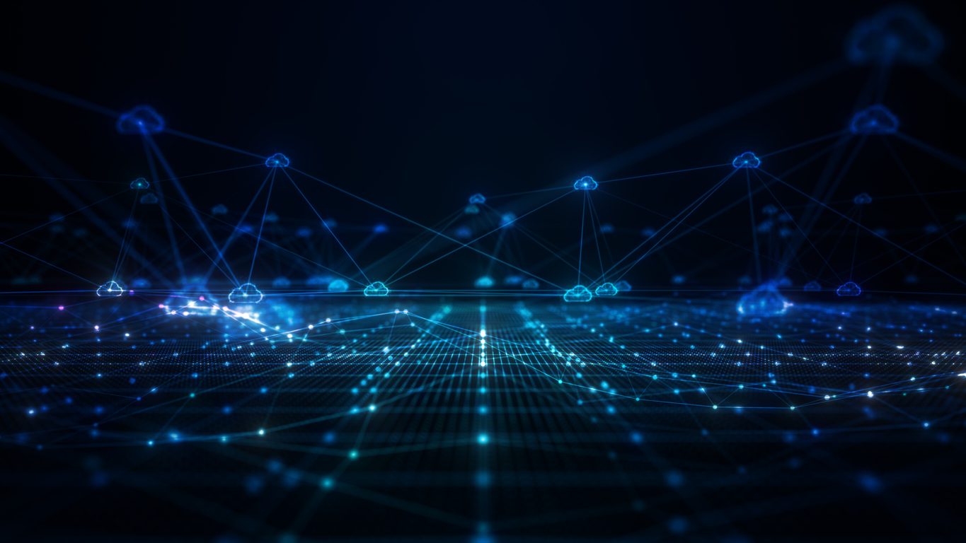 LEITWERK – Ihr Hybrid Cloud Provider im Südwesten Digitale Datennetzverbindungen auf schwarzem Hintergrund