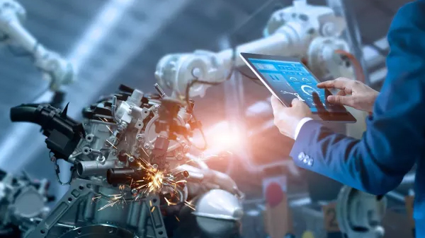 Mann liest die Daten einer Maschine an einem Tablet ab