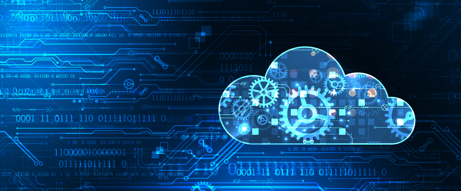 Visualisierte Wolke mit zahlreichen Zahnrädern mit blauem Hintergrund mit unterschiedlichen Codes