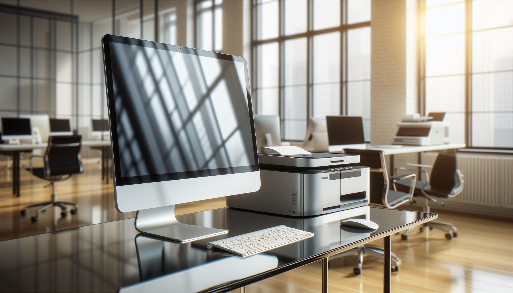 Büro Hardware, Computer und drucker in einem modernen Großraumbüro