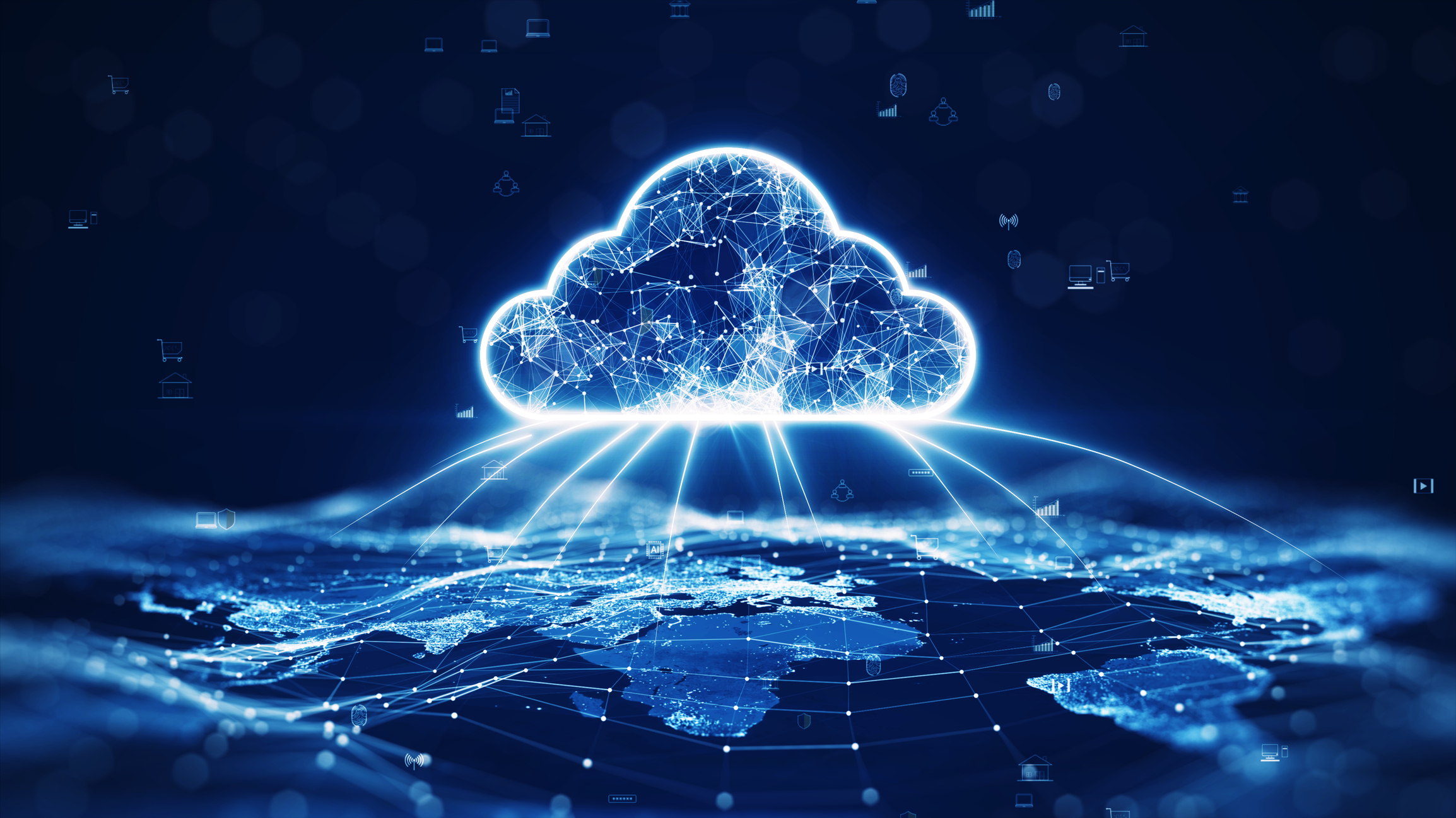 SQL-Datenbank Visualisierte blau leuchtende Wolke mit zahlreichen vernetzten leuchtenden Punkten schwebt über leuchtender Landkarte