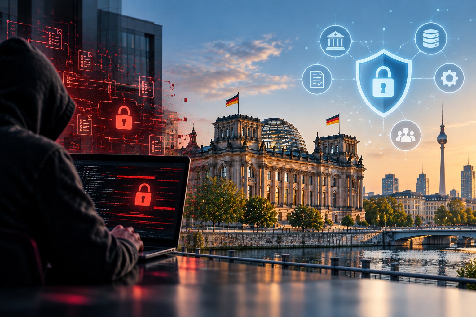 Cyberangriff auf die Berliner Verwaltung mit Hacker, Reichstagsgebäude und digitaler IT-Sicherheitsdarstellung