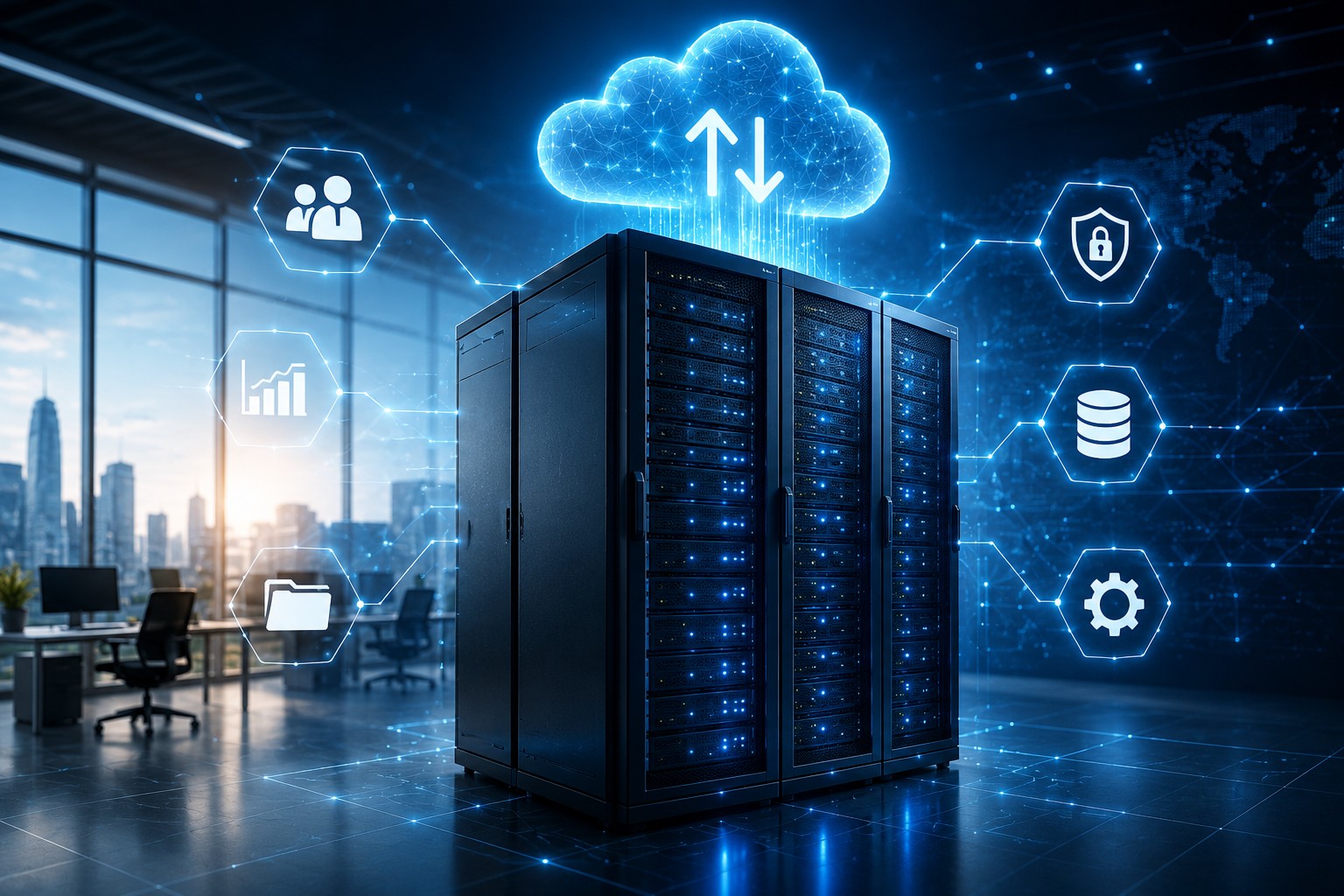 Server in dunklem Raum mit Cloud-Symbol