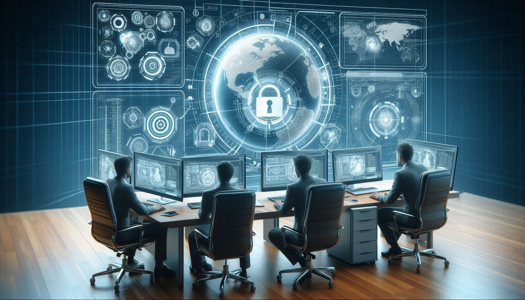 Cybersecurity Training in einem Unternehmen mit Menschen, die am Computer sitzen