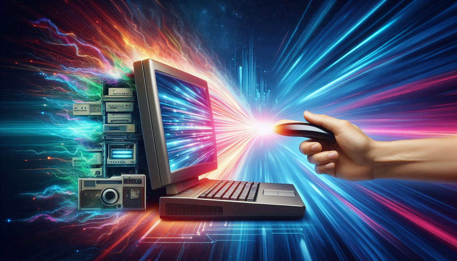Was ist digitale Transformation? Computer mit Hand die in Richtung digitale Transformation zeigt