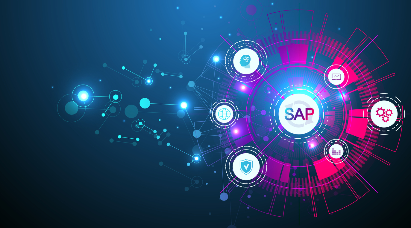 Das Bild zeigt das SAP-Logo im Zentrum eines leuchtenden, digital gestalteten Netzwerks mit Symbolen für Sicherheit, Analyse, Automatisierung und globale Vernetzung