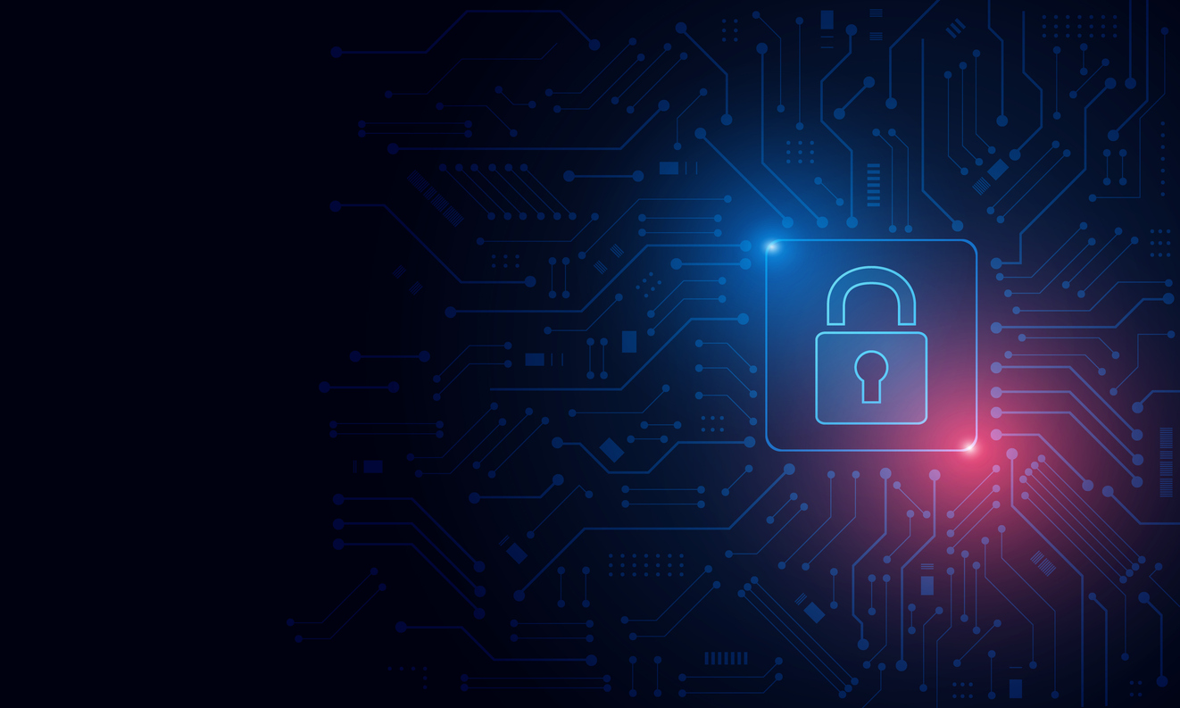 Firewall VPN Visuelles Vorhängeschloss Symbol und zwei rot/blau leuchtenden Punkten auf dunklem Hintergrund