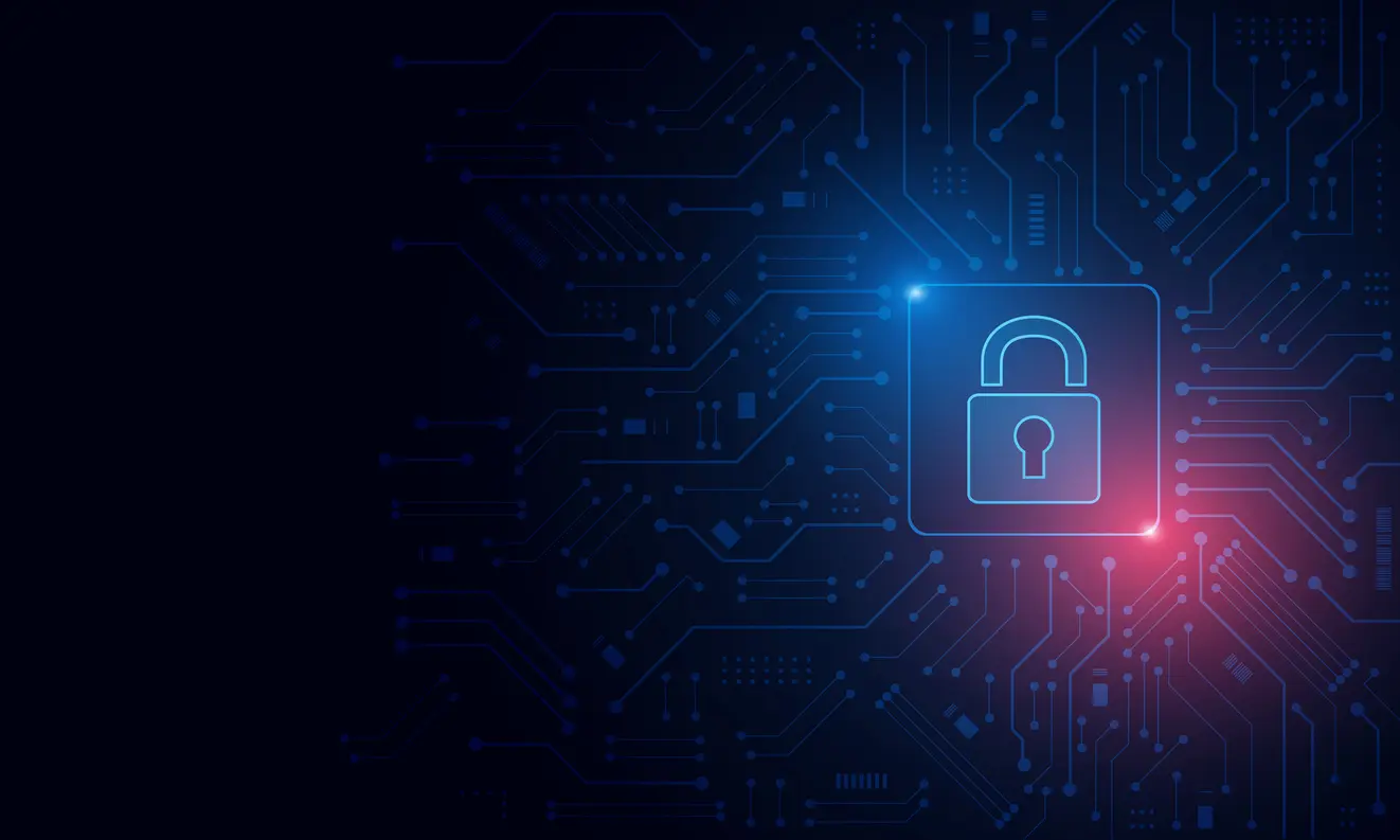 Firewall VPN Visuelles Vorhängeschloss Symbol und zwei rot/blau leuchtenden Punkten auf dunklem Hintergrund