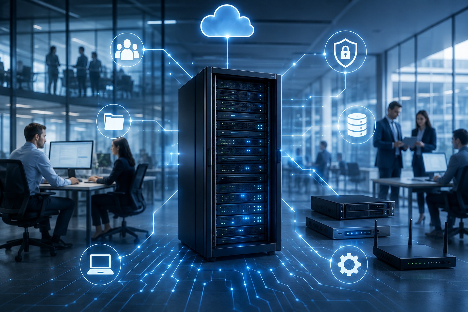 Server mit digitalen Symbolen in einem Unternehmensgebäude