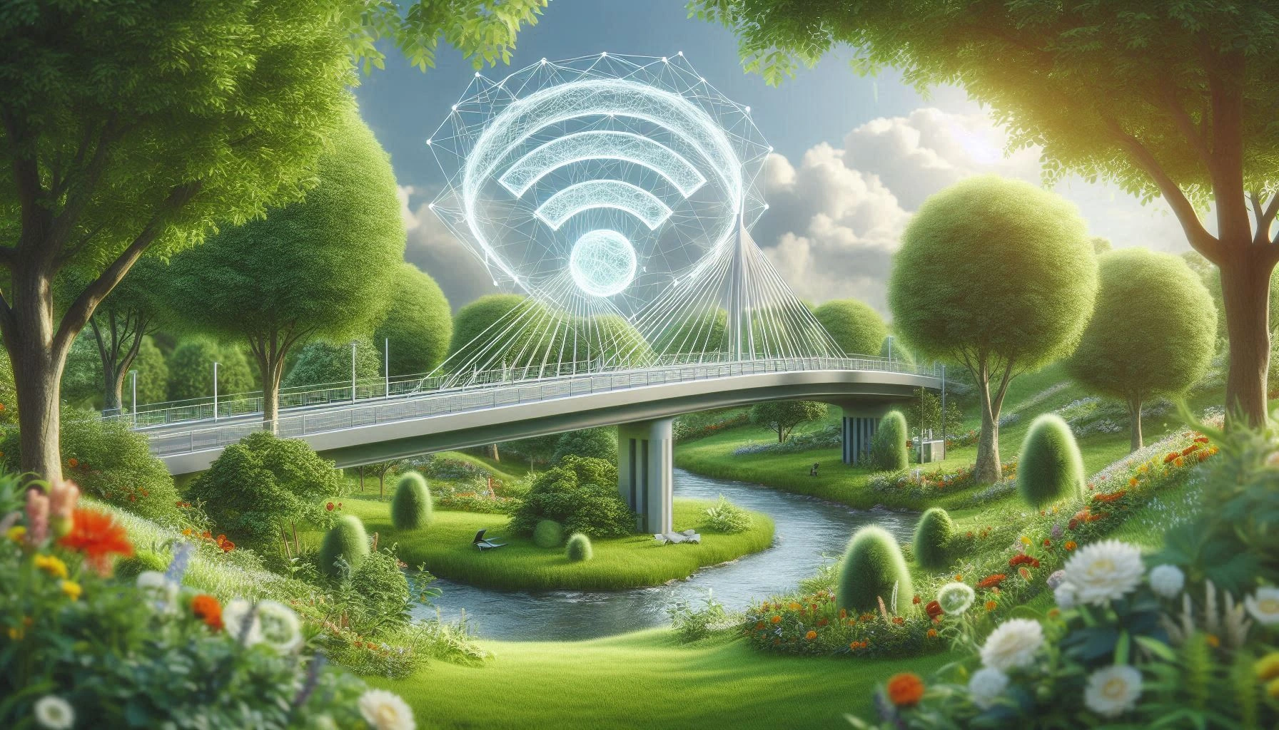 WLAN Symbol über einer Brücke in einer Naturlandschaft