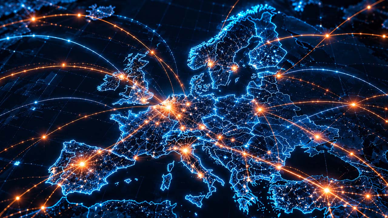 Digitale Europakarte mit Angriffslinien von Cyberangriffen