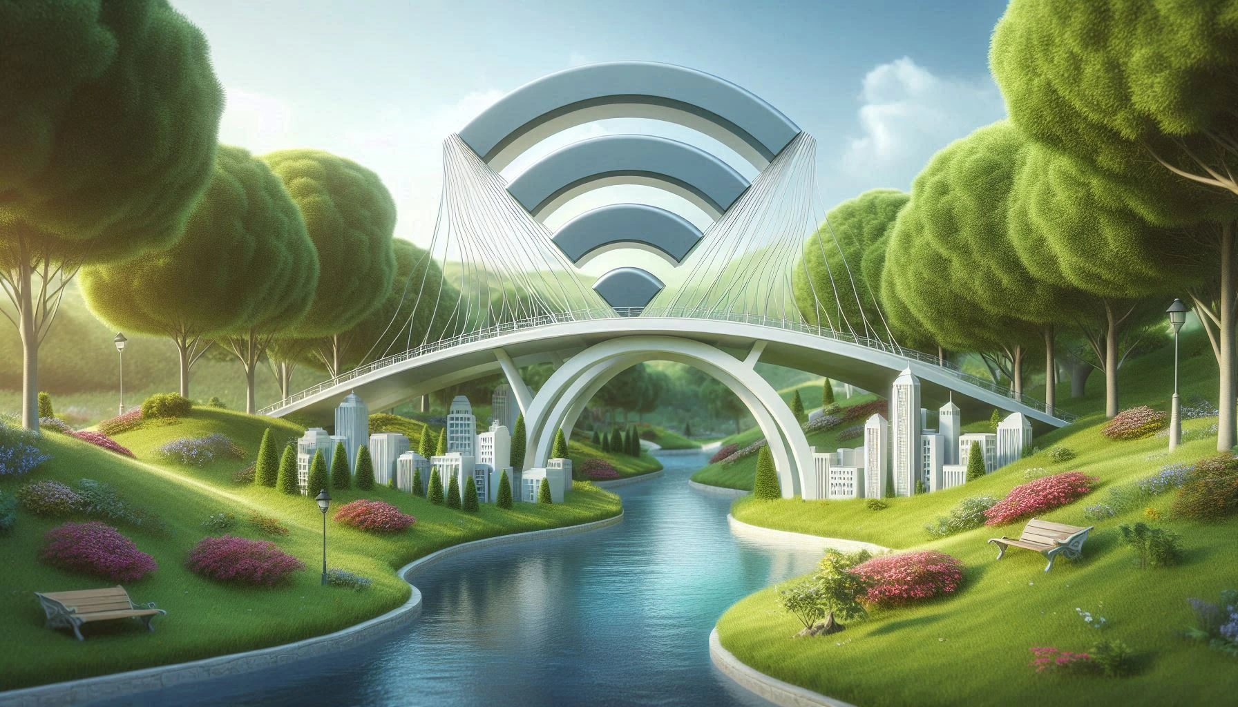 WLAN Symbol über einer Brücke, die über einen Fluss verläuft