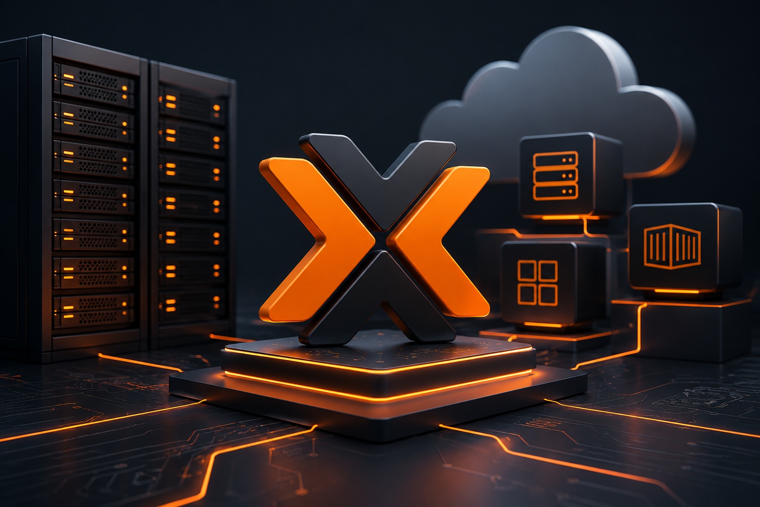 Proxmox Logo in Serverraum mit Cloud-Symbol