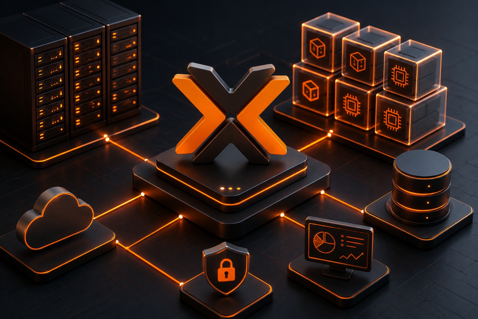 Dunkle Symbole aus der IT, in der Mitte ein Proxmox Logo