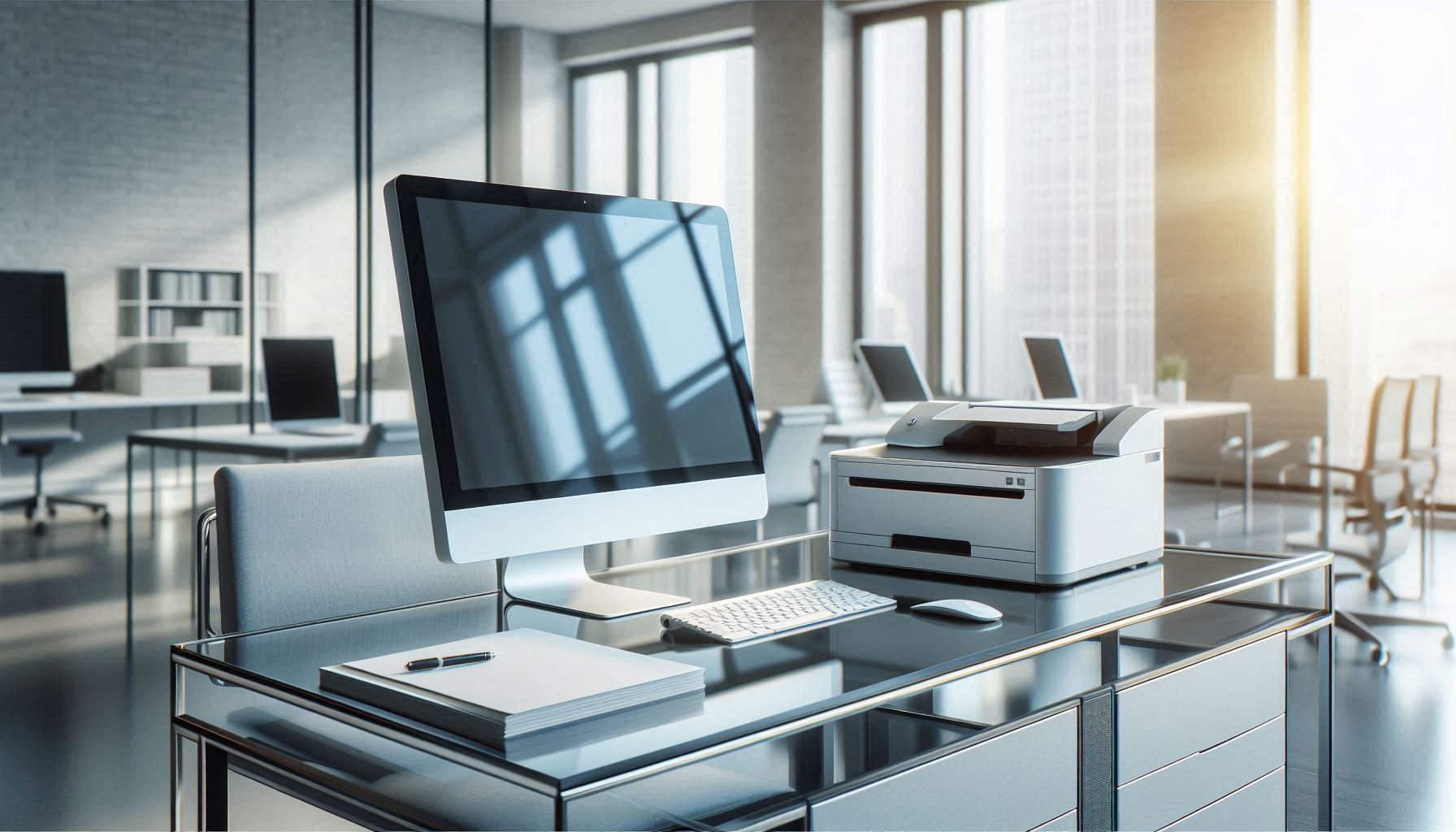 Büro Hardware, Computer und drucker in einem modernen Großraumbüro