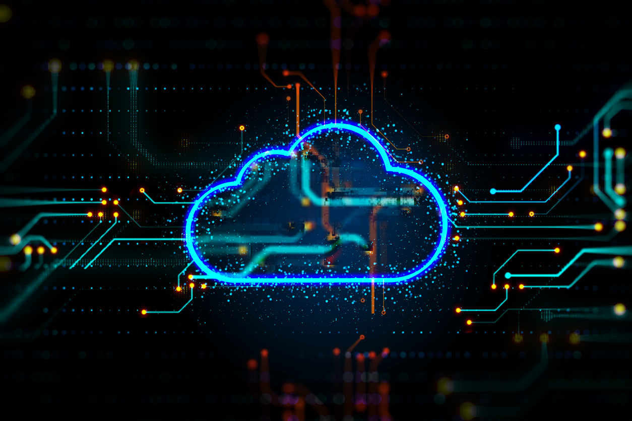 Neonblaue Wolke auf schwarzem Hintergrund mit Netzwerkverbindungen
