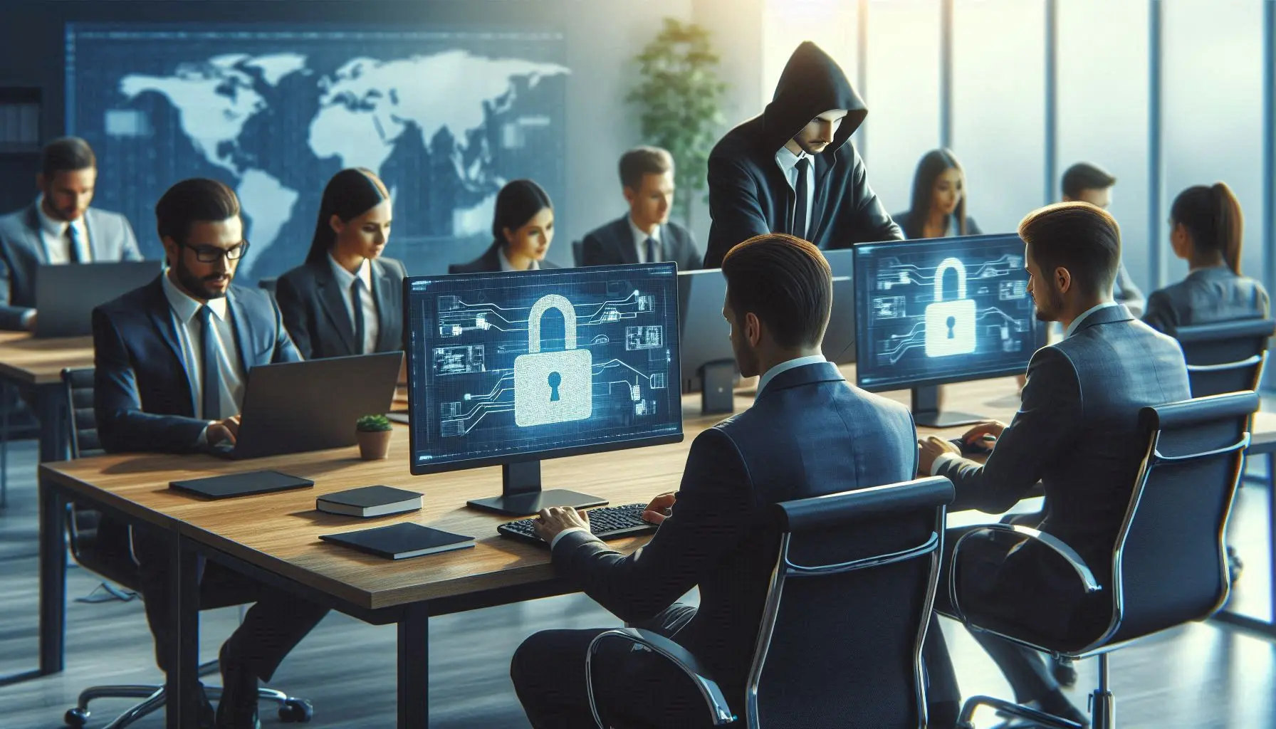 Cybersecurity Training in einem Unternehmen mit Menschen, die am Computer sitzen