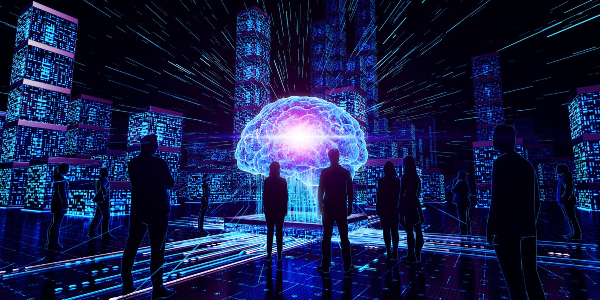 Mehrere Personen stehen hinter einem großen, leuchtenden Gehirn, das Künstliche Intelligenz symbolisiert.
