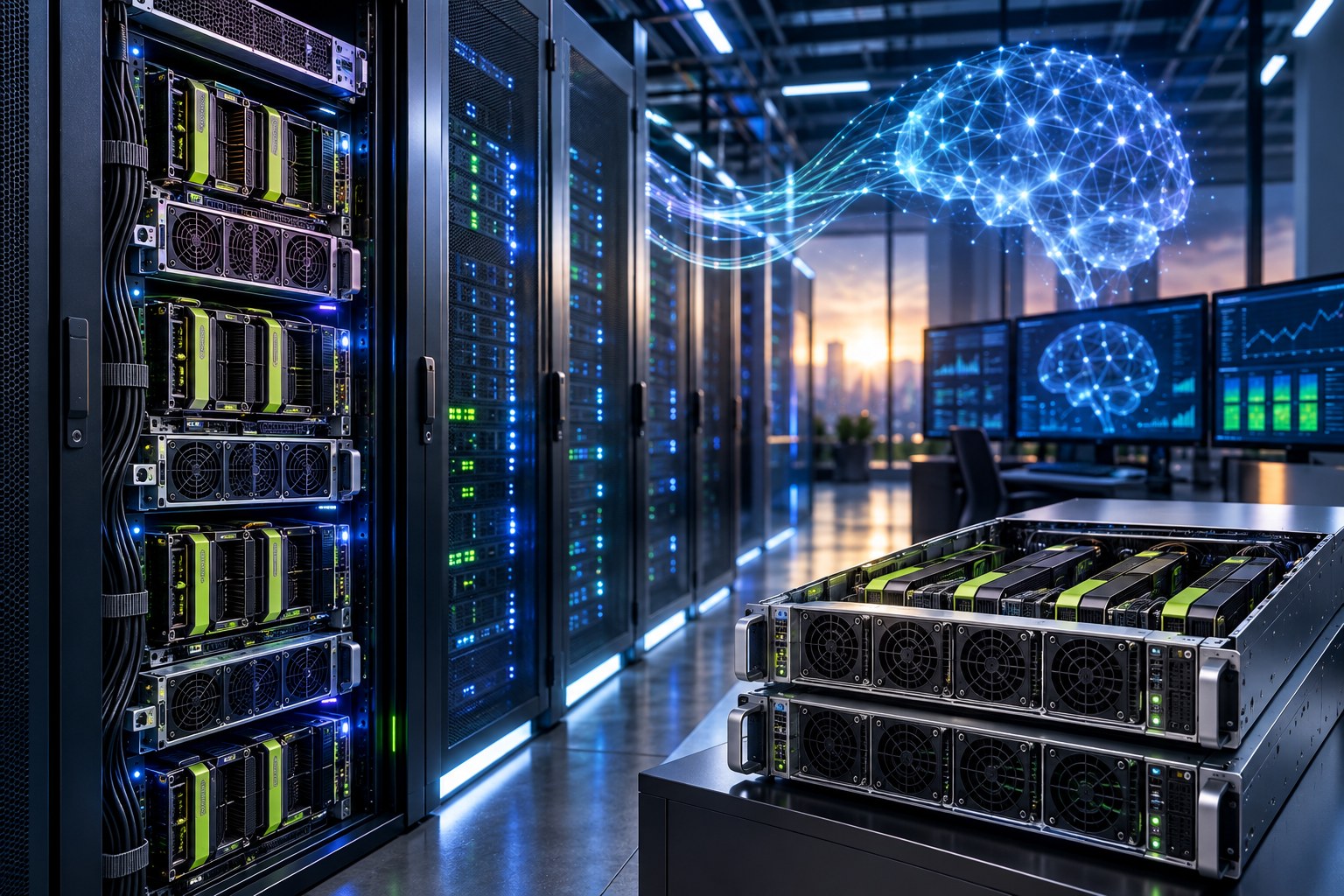 GPU-Infrastruktur für KI-Training und Inference mit Server-Clustern, neuronalen Netzen und verschiedenen KI-Anwendungen
