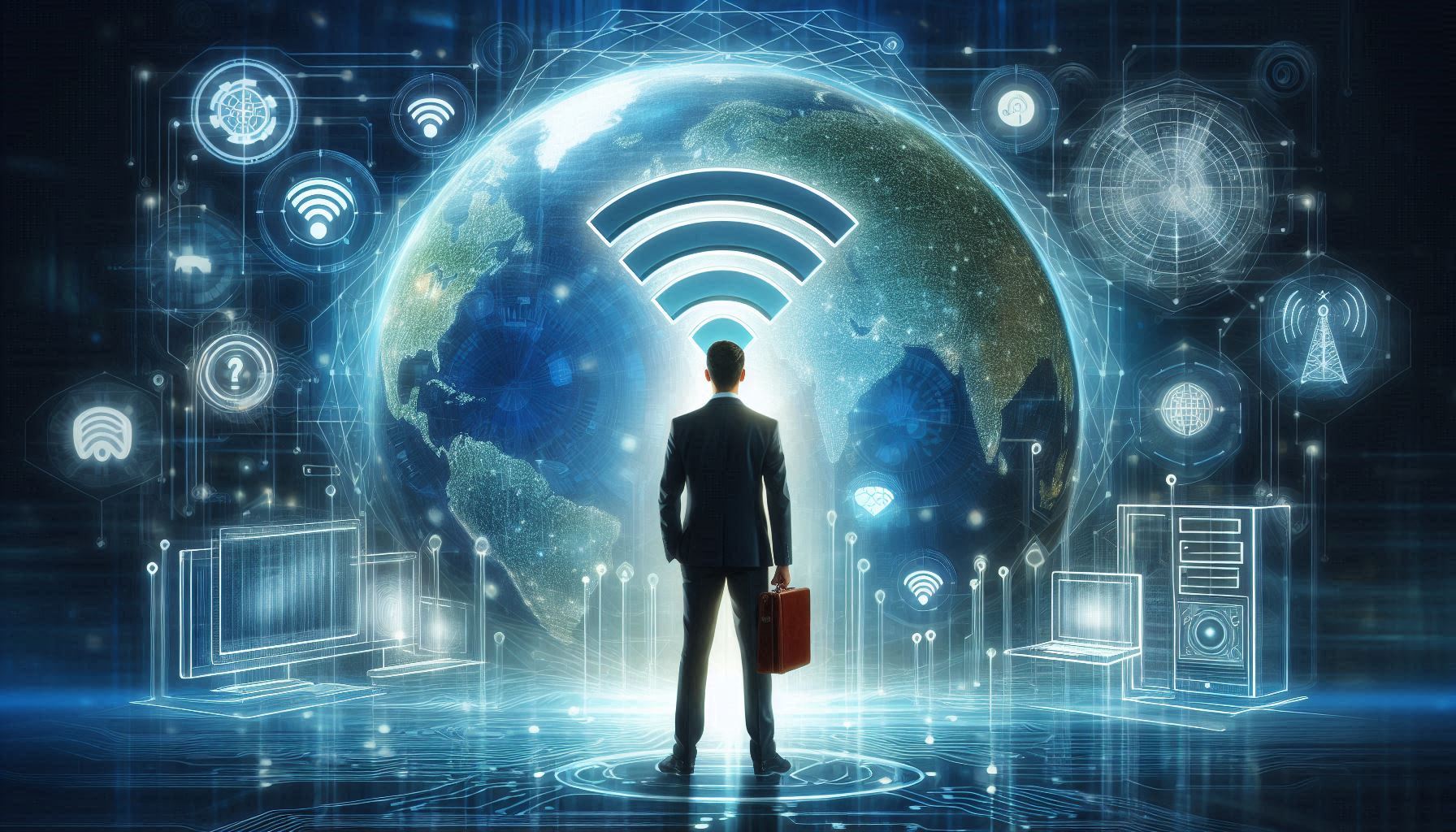 Mann der vor einem Managed WLAN Symbol steht