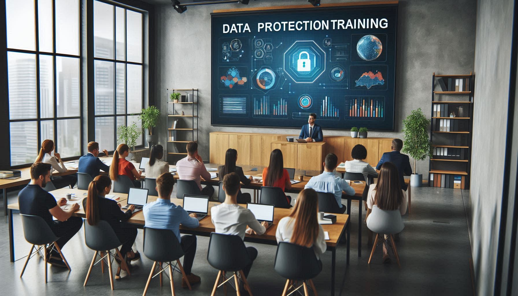 Schulungsraum mit Mitarbeitenden, die eine Datenschutz Schulung absolvieren