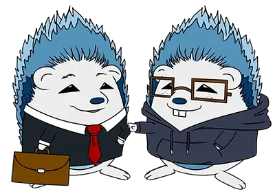 Zwei Igel die ein Geschäftsgespräch haben. Der linke Igel trägt einen Anzug, der rechte einen Kapuzenpulli und eine Brille