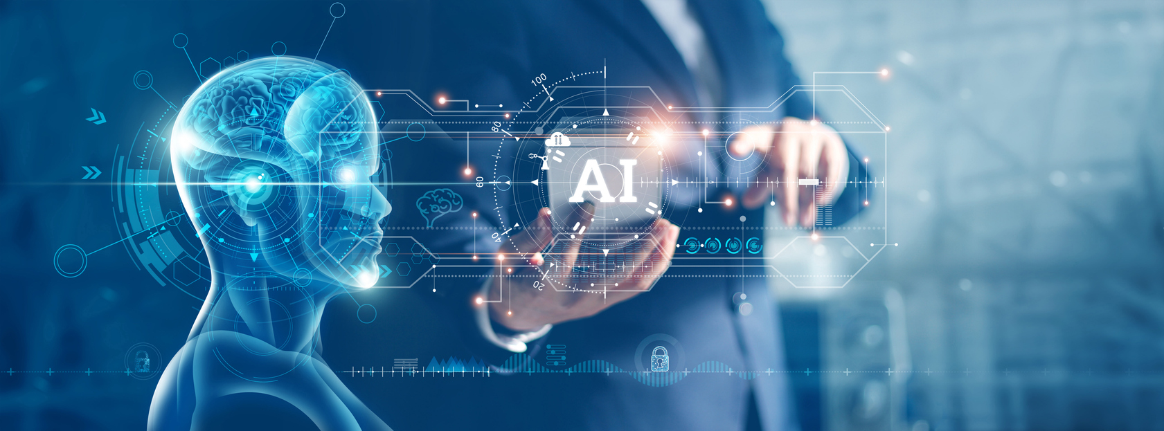 Mann im Anzug hält ein AI-Symbol in der Hand, daneben ist ein Roboter zu sehen.