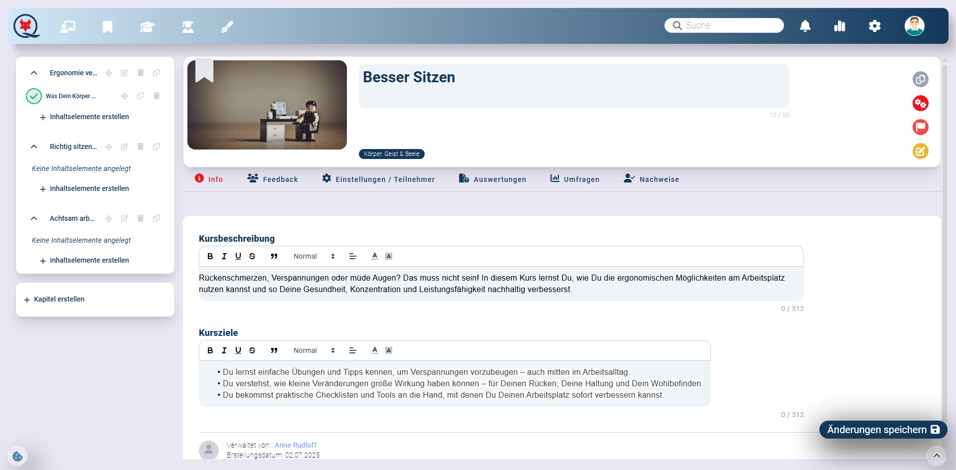 Screenshot Kursbearbeitung in Q-Qualify