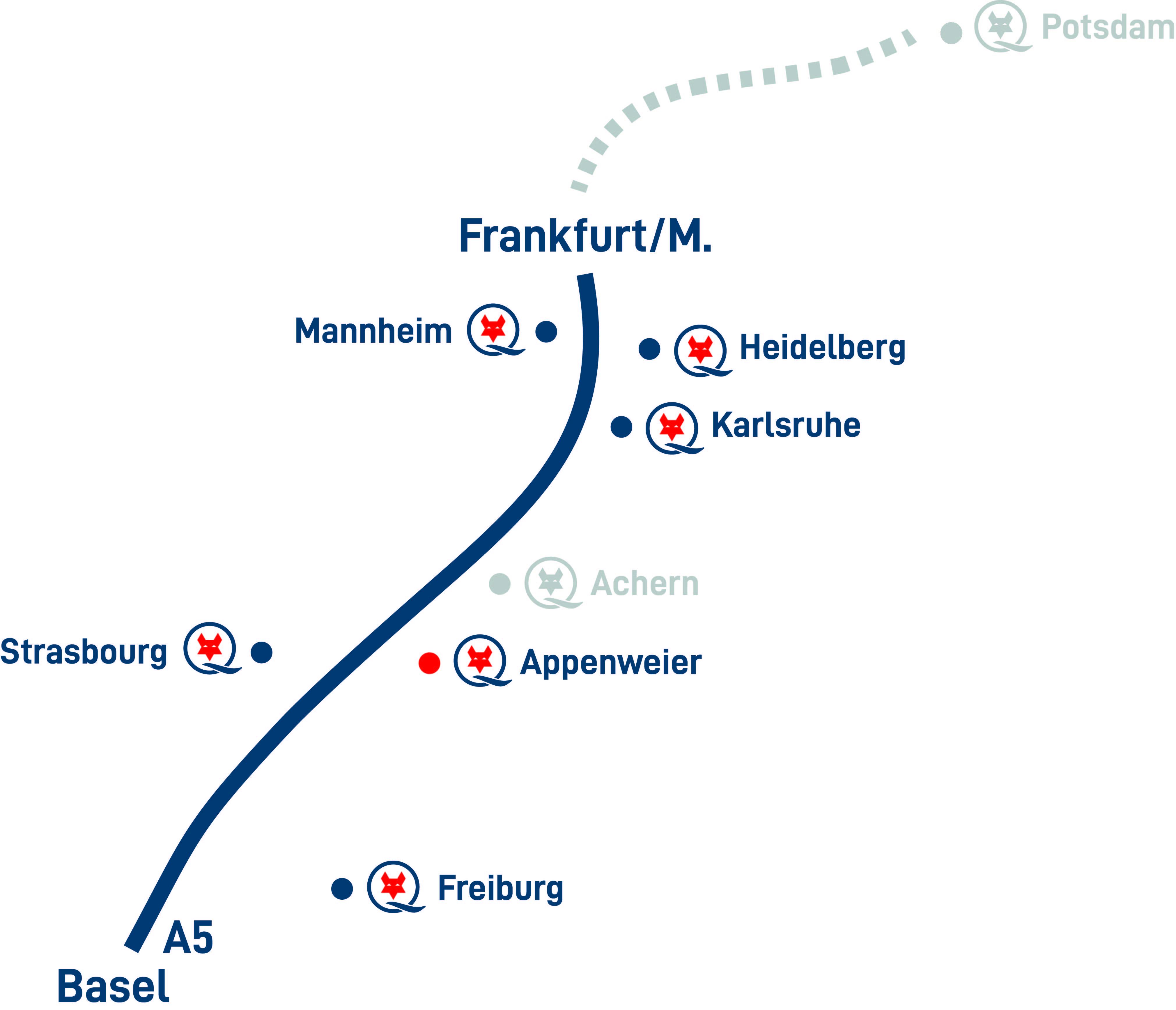 Karte mit den Standorten der LEITWERK AG entlang der Autobahn A5
