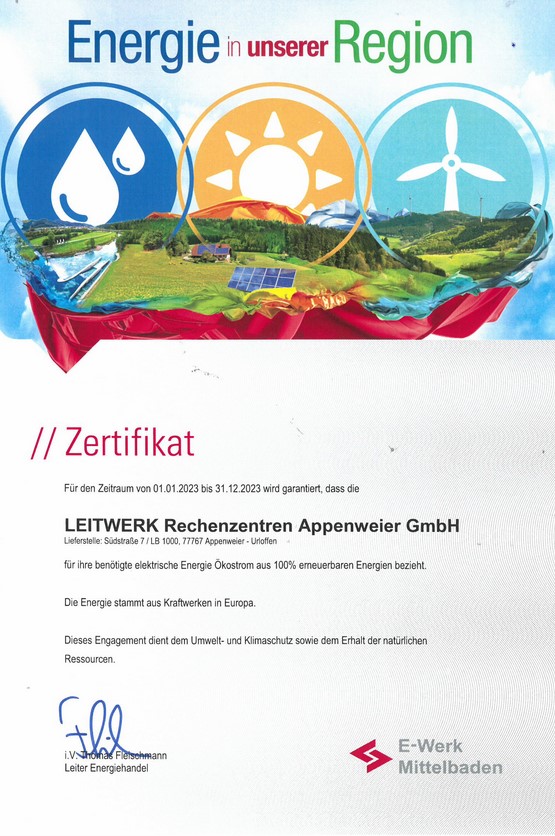 Zertifikat: 100% erneuerbare Energien der LEITWERK Rechenzentren