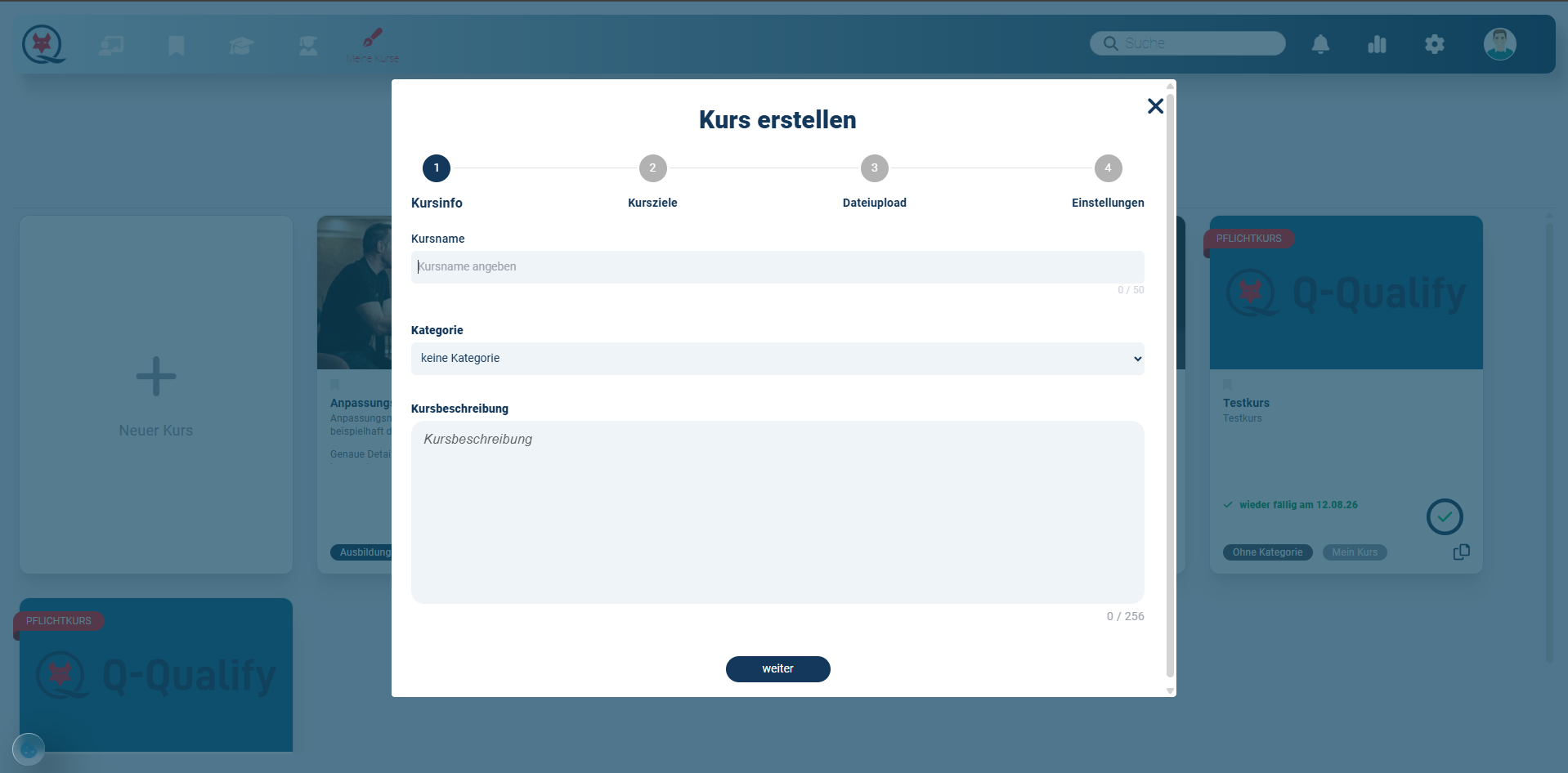 Screenshot Kurserstellung in Q-Qualify