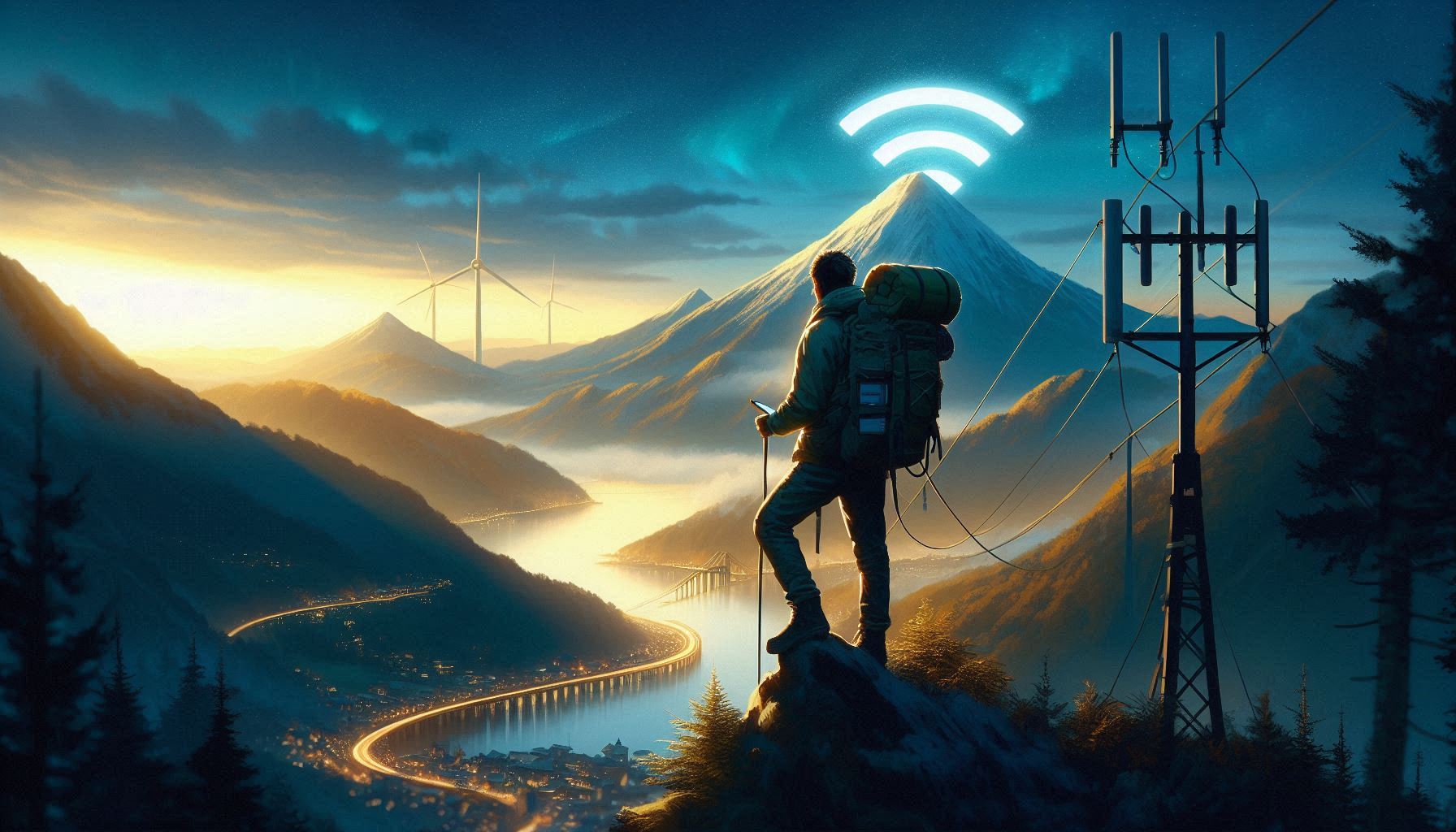 Wanderer hat Netz in einem Gebirge