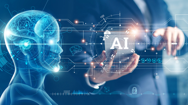 Mann im Anzug hält ein digitales AI-Symbol in der Hand, daneben ist die Silhouette eines KI-Roboters
