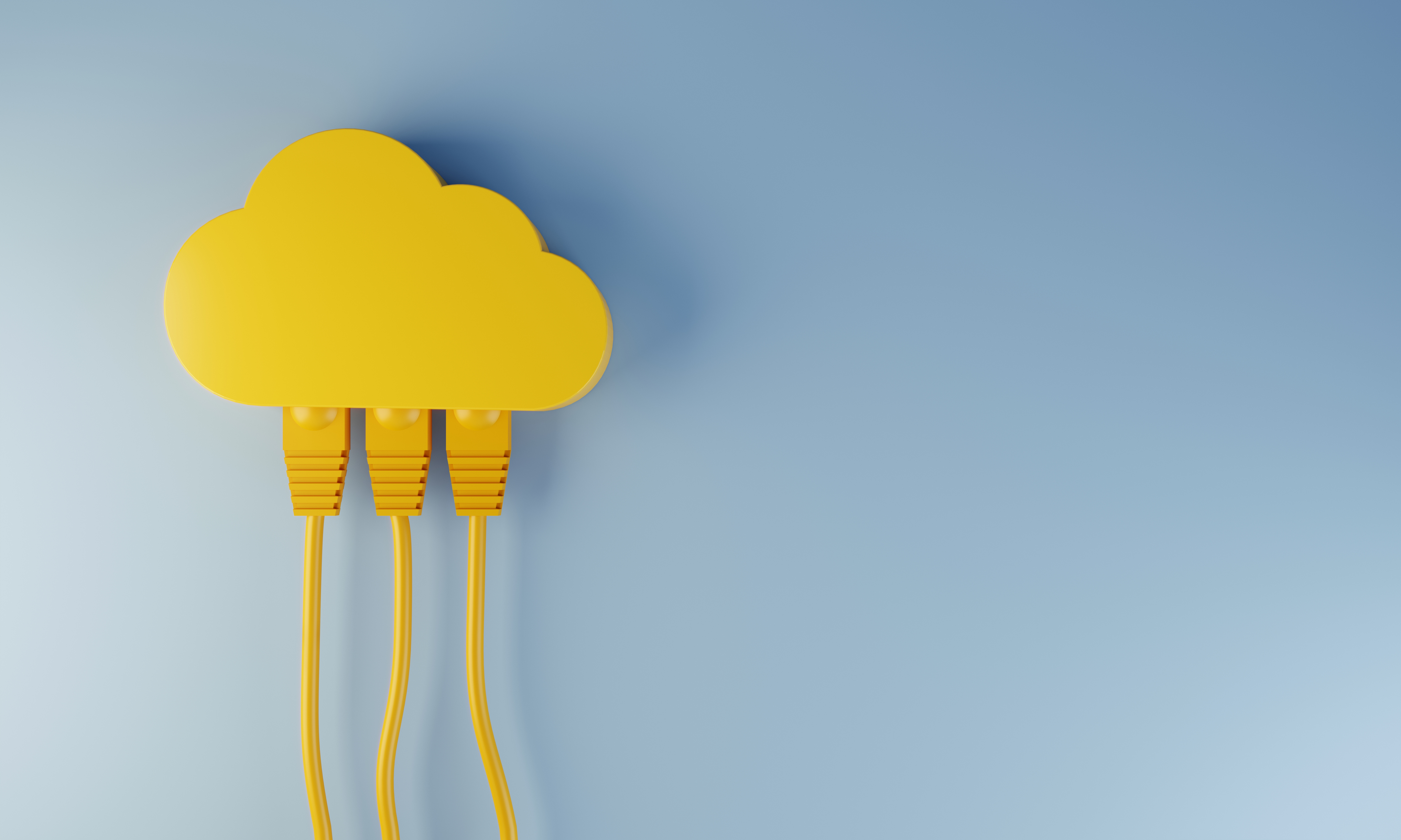 Cloud Services von LEITWERK Gelbe Wolke mit drei angesteckten Kabel auf blauem Hintergrund