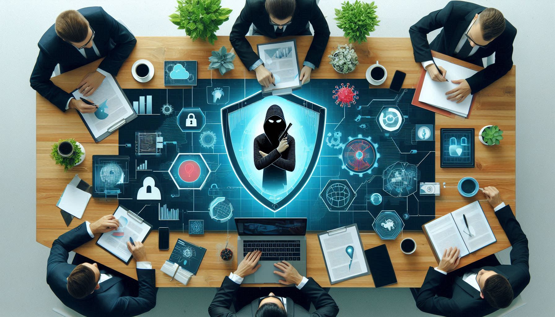Definition und Hintergrund von „Advanced Persistent Threat“ Ein Meeting mit einem großem Tisch und sechs Männer, die sich über APT unterhalten