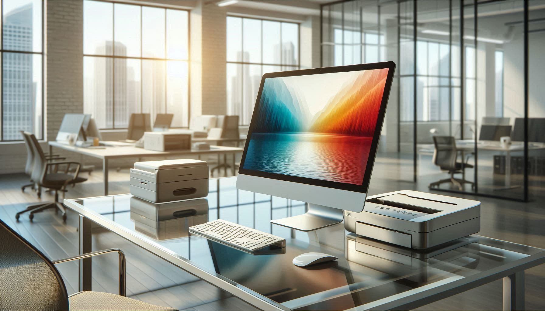 Büro Hardware, Computer und drucker in einem modernen Großraumbüro