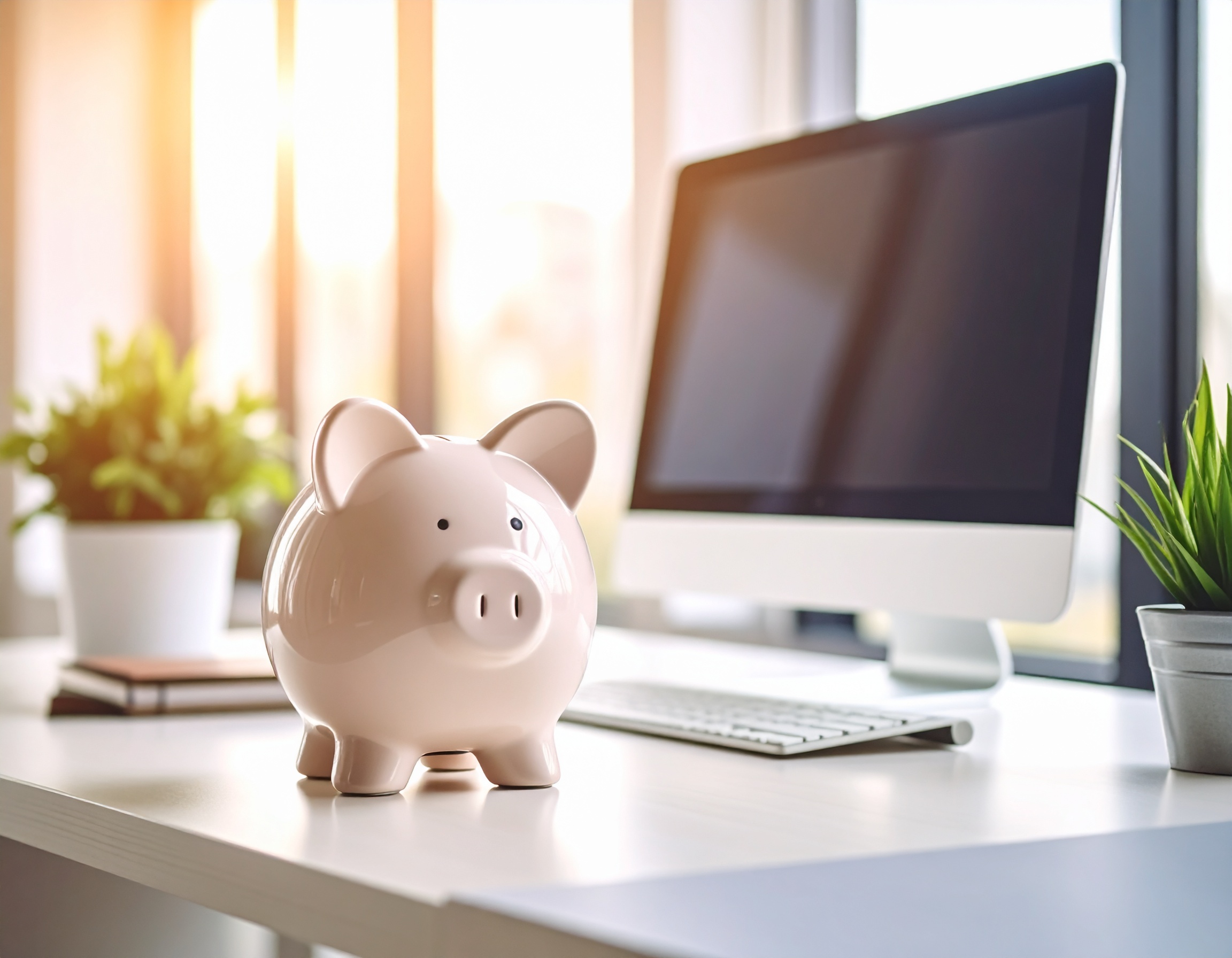 Clever investieren, doppelt profitieren Schreibtisch mit einem Laptop und einem Sparschwein