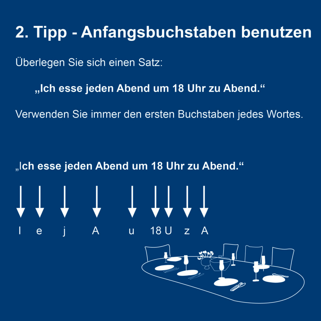 Kachel mit Tipp: Anfangsbuchstaben benutzen