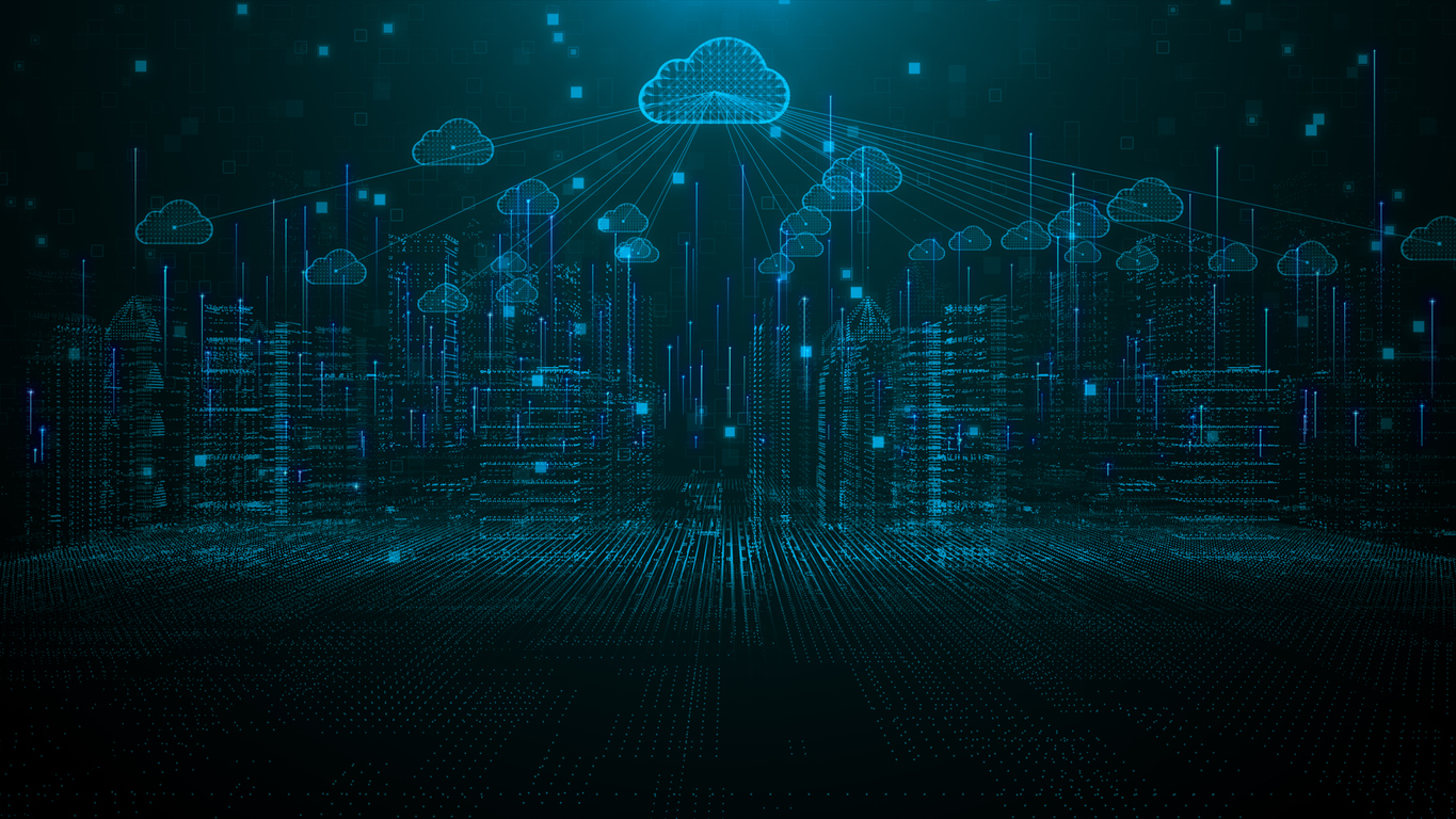 Zahlreiche visualiserte und vernetzte Blockformen und Wolken auf dunklem Hintergund