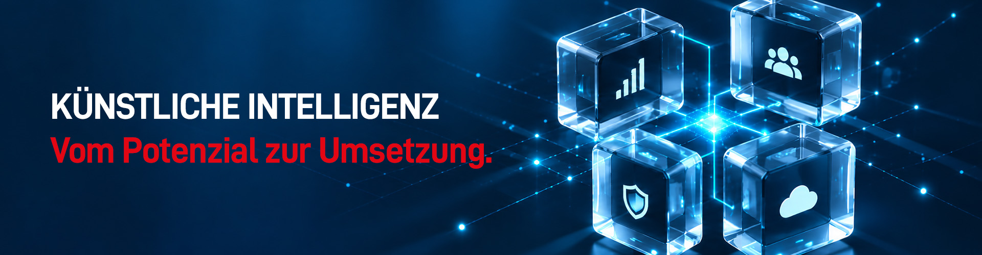 KI-Symbole vor blauem Hintergrund mit der Aufschrift "Künstliche Intelligenz: Vom Potenzial zur Umsetzung"